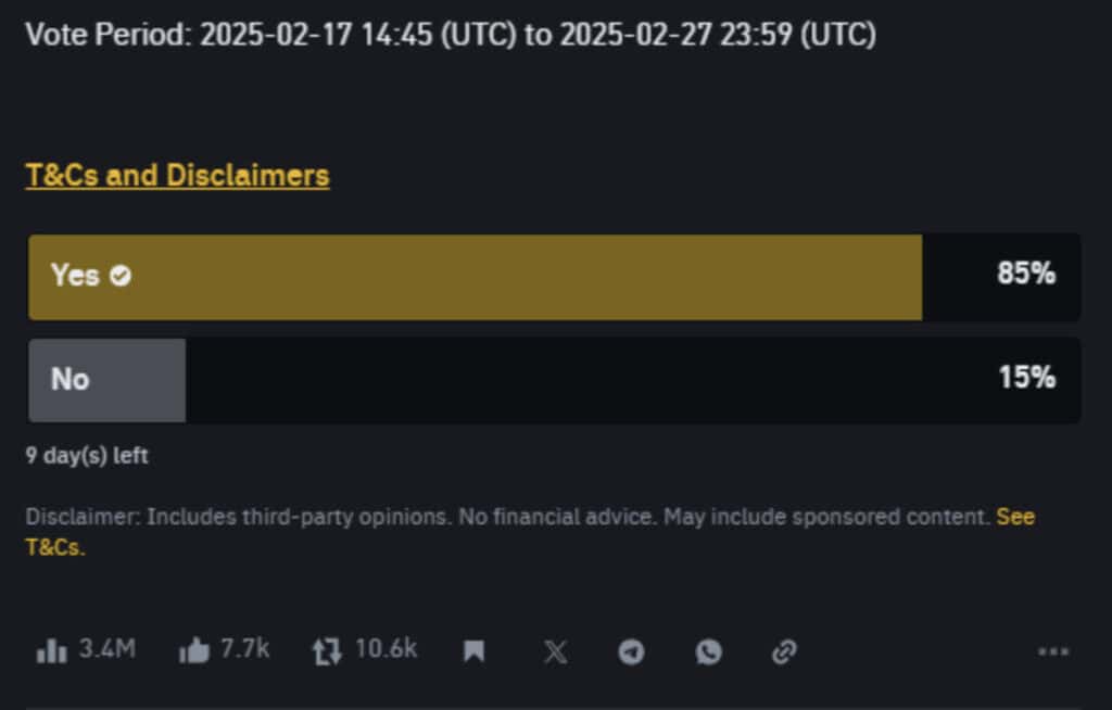 85% voted 'Yes' on Pi listing decision